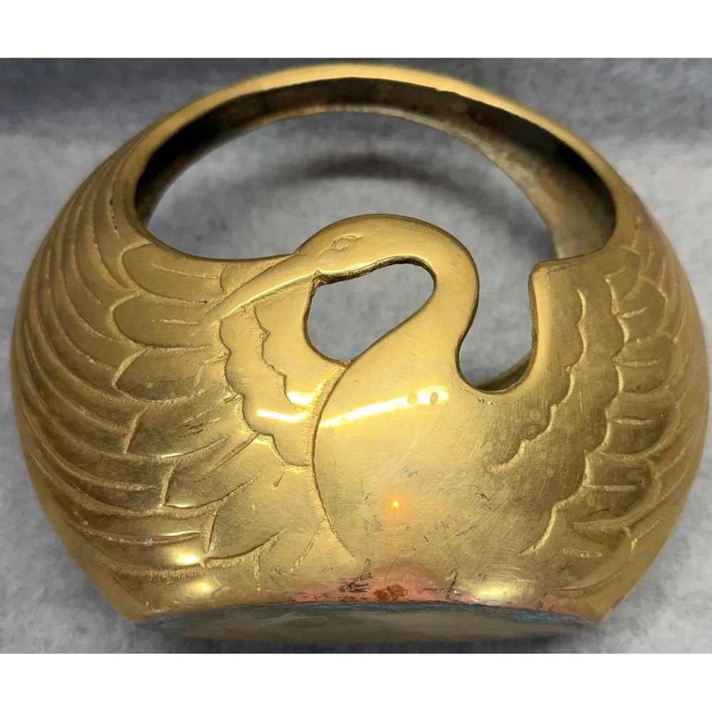 Vintage Solid Brass Swan Basket Decorative Catchall Bowl Hollywood Regency Gold